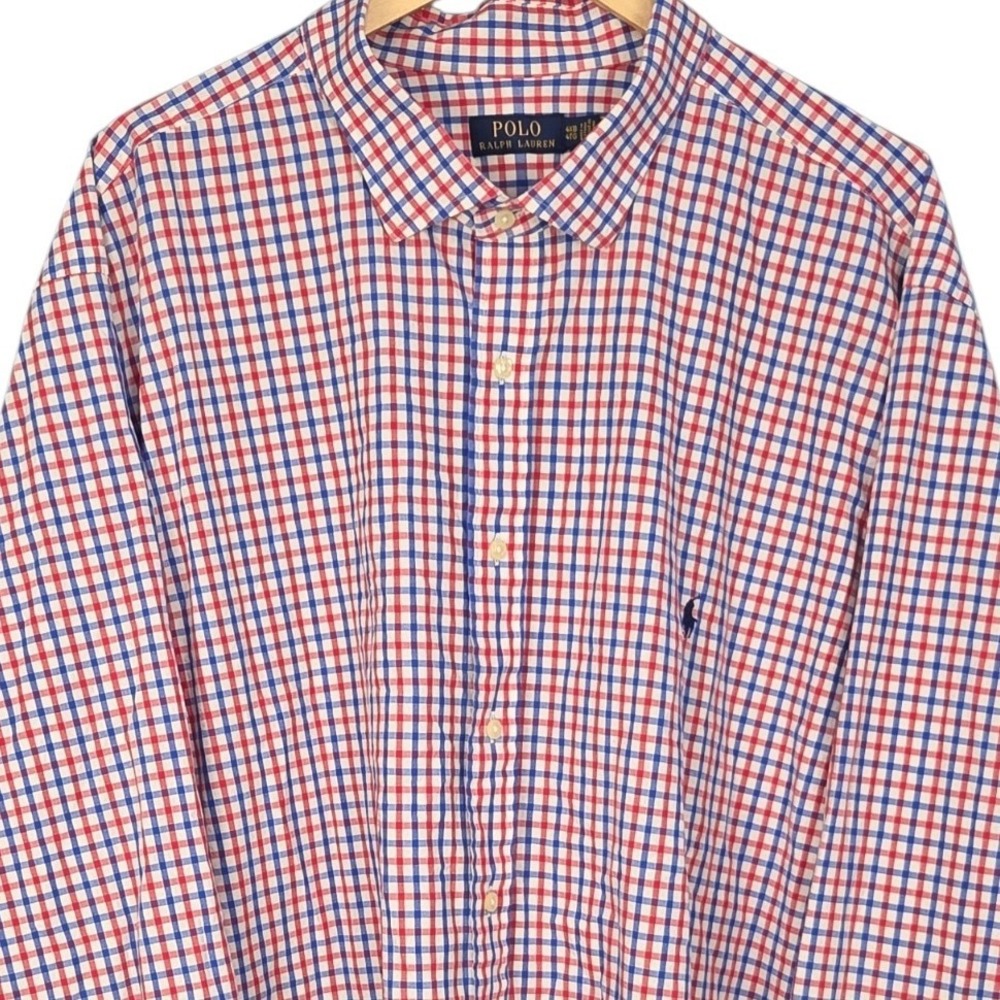 Polo Ralph Lauren Button Down Men 4XB Red White Blue Gingham Long Sleeve Stretch
